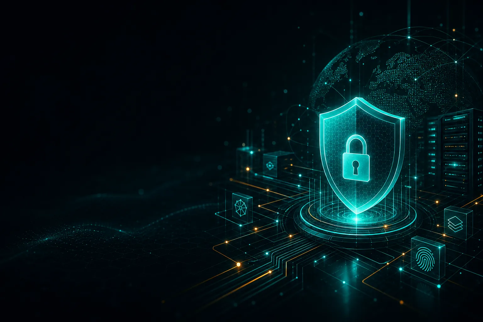Illustration moderne de cybersécurité aux couleurs SecSolu avec bouclier lumineux et réseau numérique